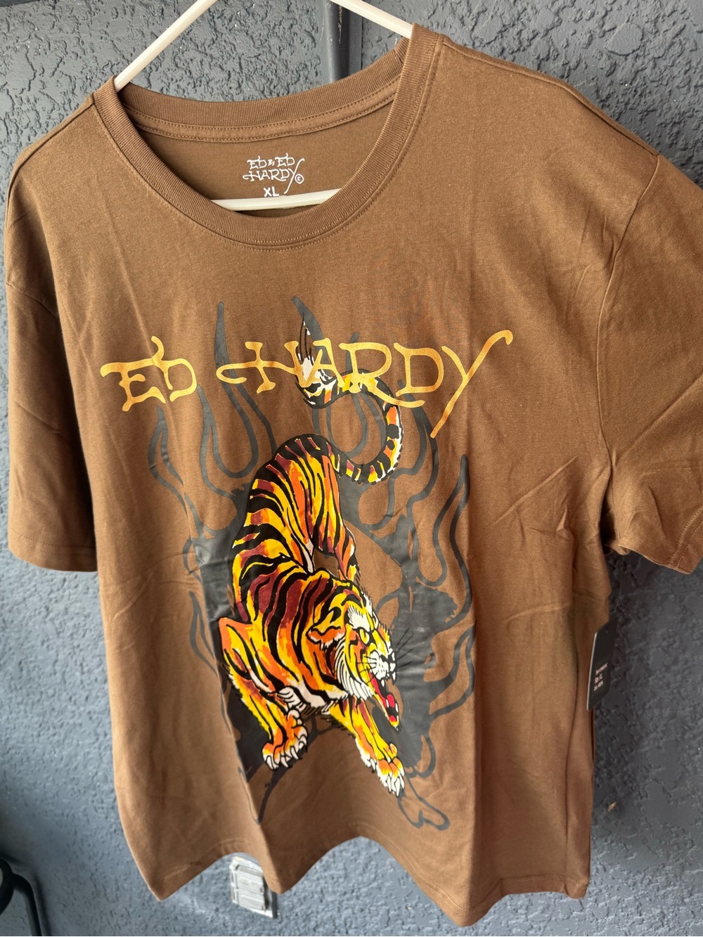 Ed Hardy Brown Tee with Yellow & Orange Tiger Graphic SZ: XL